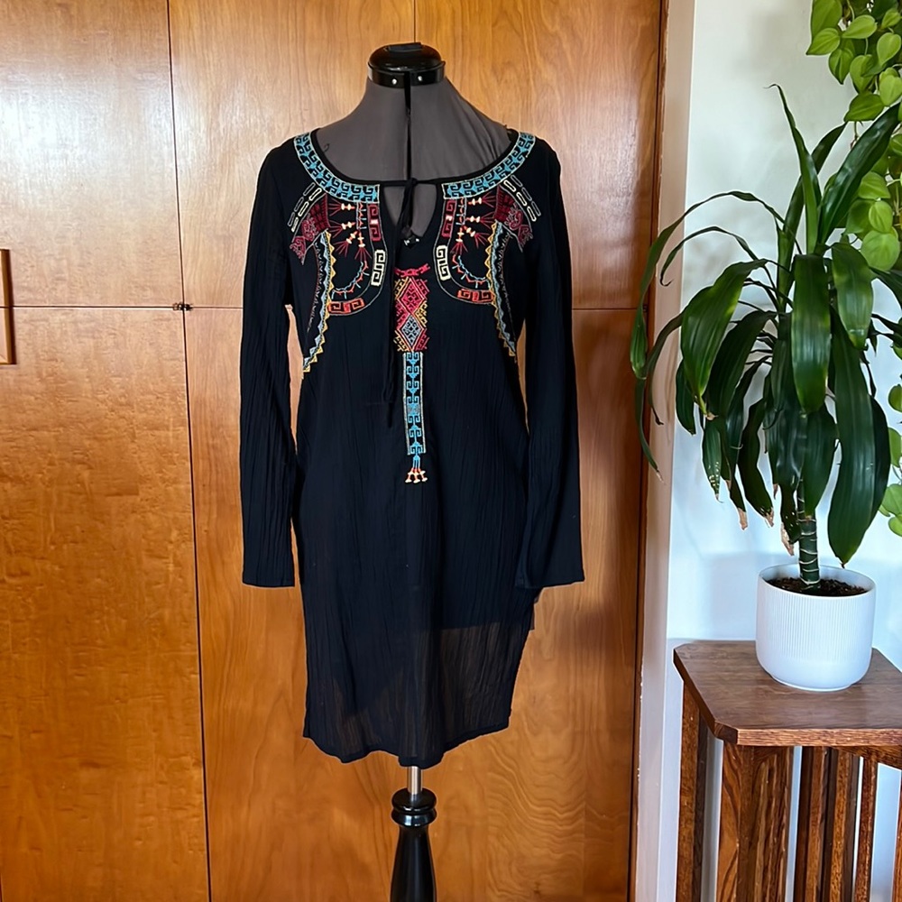 Embroidered cotton tunic, long sleeve, bathing suit coverup.